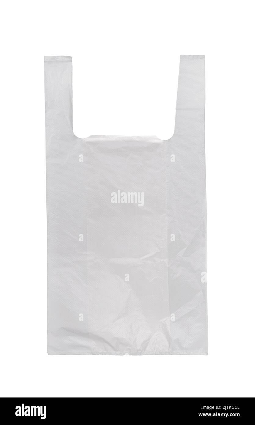 Vorderansicht einer leeren, durchscheinenden Einweg-Plastiktasche mit weißen Griffen Stockfoto