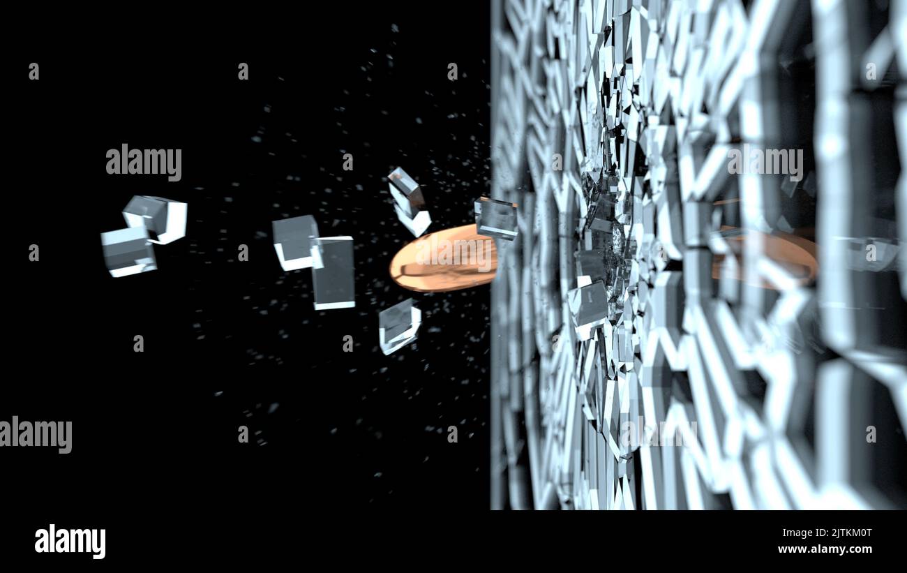 Kugel auf Glasfenster geschossen. Zerbrochenes und zerbrochenes Glas nach der Zerstörung durch abgefeuerte Kugel. Stockfoto