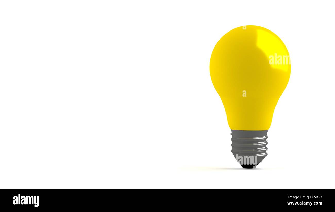 Gelbe Glühbirne ist auf weißem Hintergrund platziert. Isolierte Lampe, freier Platz für benutzerdefinierten Text. Verwendbar als Darstellung von Ideen und Brainstorming. 3D ren Stockfoto