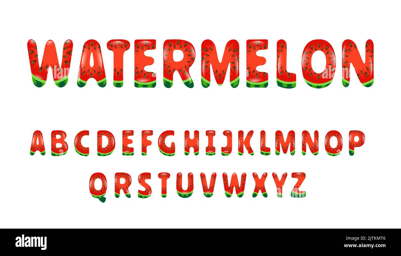 Wassermelone Sommer helle Schrift. Cartoon dekoratives Alphabet. Glänzende Buchstaben isoliert auf Weiß. Für Verpackung, Poster, Banner, T-Shirt, Prospektgestaltung. V Stock Vektor