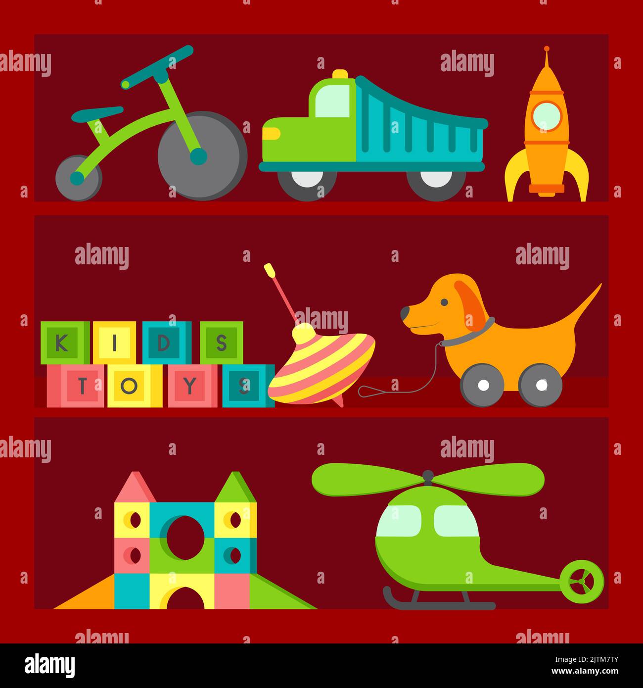 Verschiedene Kinderspielzeug in den Regalen: Hund, Ball, Auto, Fahrrad, Hubschrauber, Würfel, Holzspielzeug, Pyramide, Rakete, Wirbel. Verschiedene Spielzeuge in Cartoon Stock Vektor