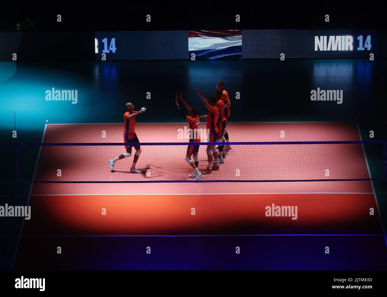 LJUBLJANA, SLOWENIEN - 31. AUGUST: Niederländische Mannschaft reagiert während der Volleyball-Weltmeisterschaft der Männer - Pool F - Vorbereitungsphase-Spiel zwischen den Niederlanden und dem Iran in der Arena Stozice am 31. August 2022 in Ljubljana, Slowenien (Foto: Borut Zivulovic/BSR Agency) Stockfoto