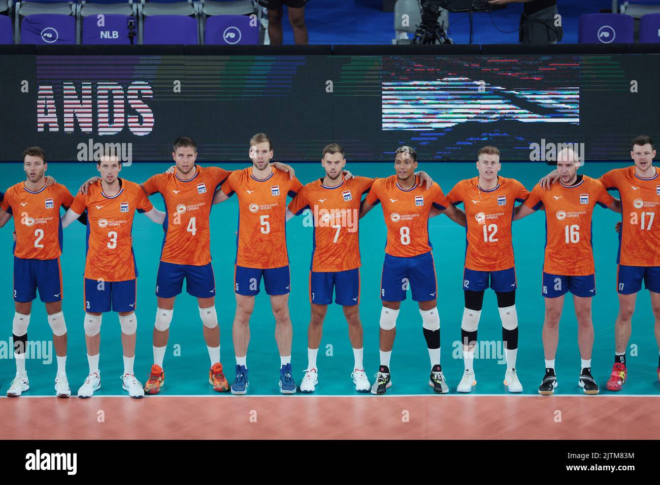 LJUBLJANA, SLOWENIEN - 31. AUGUST: Niederländische Mannschaft während der Volleyball-Weltmeisterschaft der Männer - Pool F - Vorbereitungsphase-Spiel zwischen den Niederlanden und dem Iran in der Arena Stozice am 31. August 2022 in Ljubljana, Slowenien (Foto: Borut Zivulovic/BSR Agency) Stockfoto