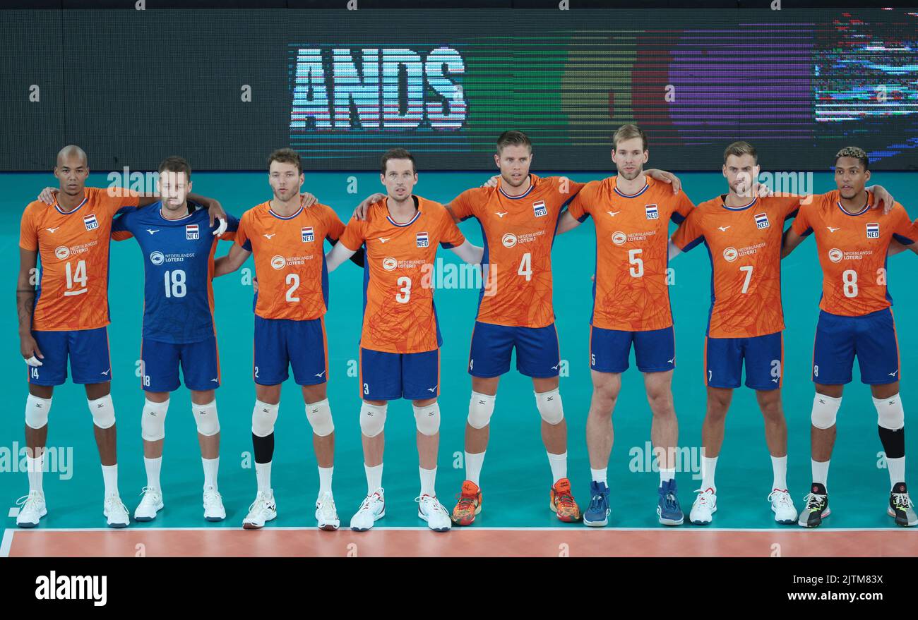 LJUBLJANA, SLOWENIEN - 31. AUGUST: Niederländische Mannschaft während der Volleyball-Weltmeisterschaft der Männer - Pool F - Vorbereitungsphase-Spiel zwischen den Niederlanden und dem Iran in der Arena Stozice am 31. August 2022 in Ljubljana, Slowenien (Foto: Borut Zivulovic/BSR Agency) Stockfoto