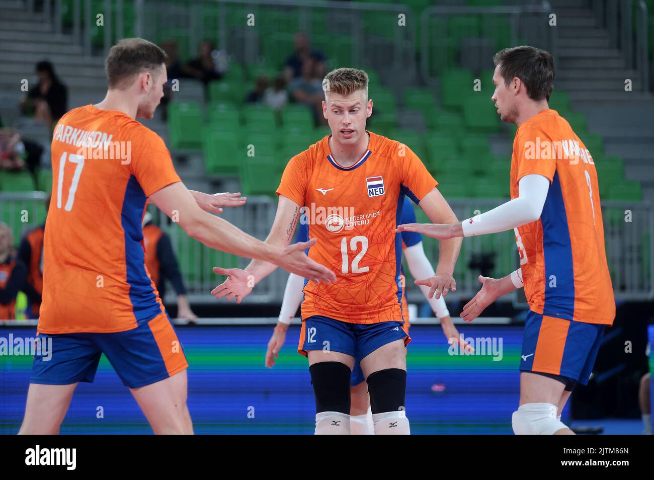 LJUBLJANA, SLOWENIEN - 31. AUGUST: Niederländische Spieler während der Volleyball-Weltmeisterschaft der Männer - Pool F - Vorbereitungsphase-Spiel zwischen den Niederlanden und dem Iran in der Arena Stozice am 31. August 2022 in Ljubljana, Slowenien (Foto: Borut Zivulovic/BSR Agency) Stockfoto