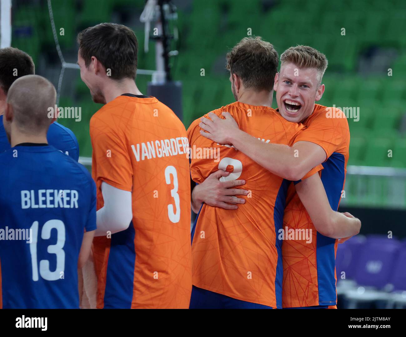 LJUBLJANA, SLOWENIEN - 31. AUGUST: Die Spieler der Niederlande feiern während der Volleyball-Weltmeisterschaft der Männer - Pool F - Vorbereitungsphase-Spiel zwischen den Niederlanden und dem Iran in der Arena Stozice am 31. August 2022 in Ljubljana, Slowenien (Foto: Borut Zivulovic/BSR Agency) Stockfoto