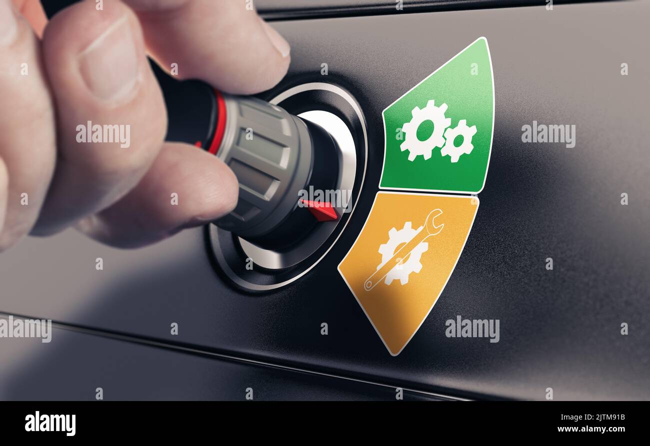 Mann, der ein technisches Gerät in den Wartungsmodus schaltet. Zusammengesetztes Bild zwischen einer illustration von 3D und einer Fotografie. Stockfoto
