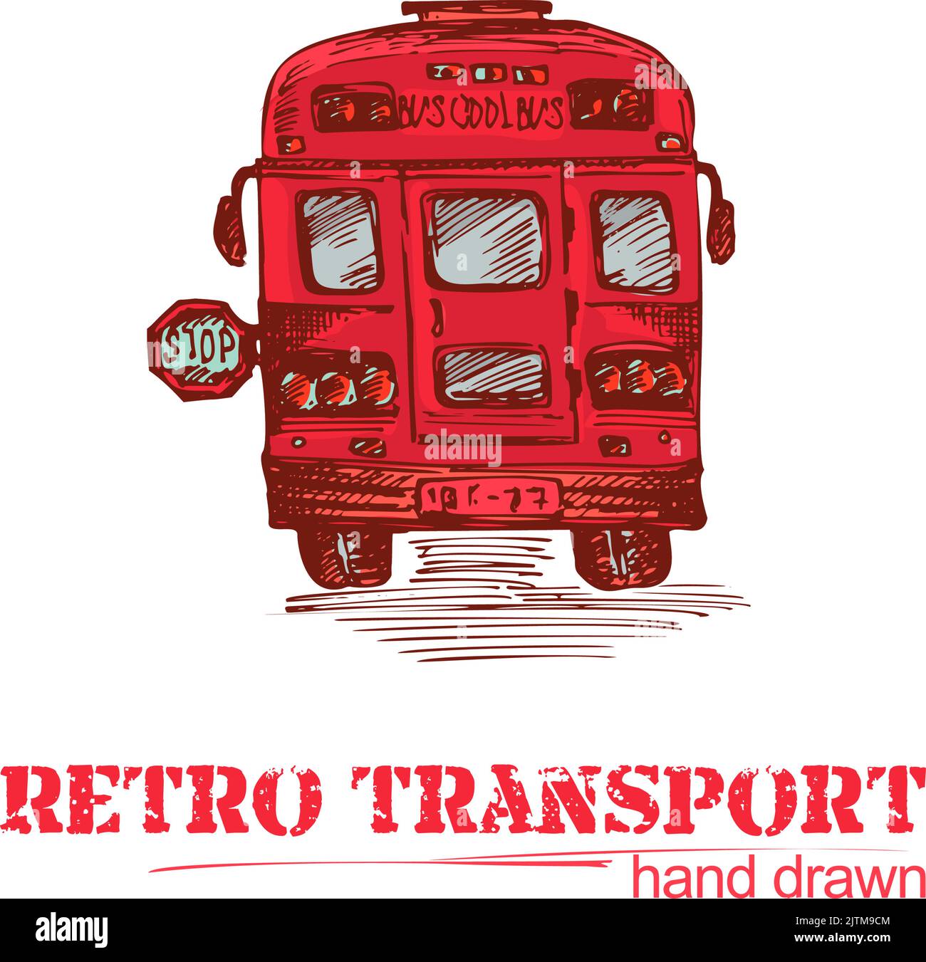 Handgezeichneter roter Retro-Bus isoliert auf weißem Hintergrund. Oldtimer-LKW im Sketch-Stil. Kunstdesign für Poster, Flayer, Banner. Abbildung Stock Vektor