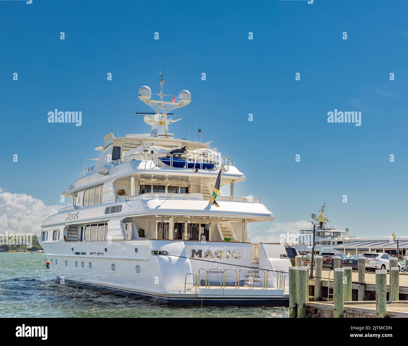 Motoryacht Magic in Greenport, NY Stockfoto