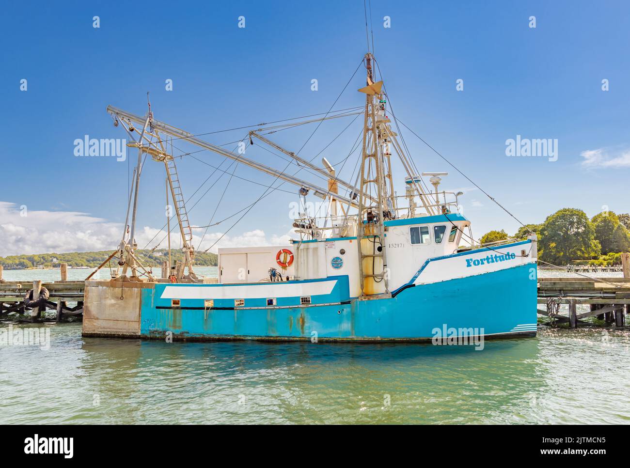 Fischerboot Fortitude im Dock in Greenport, NY Stockfoto