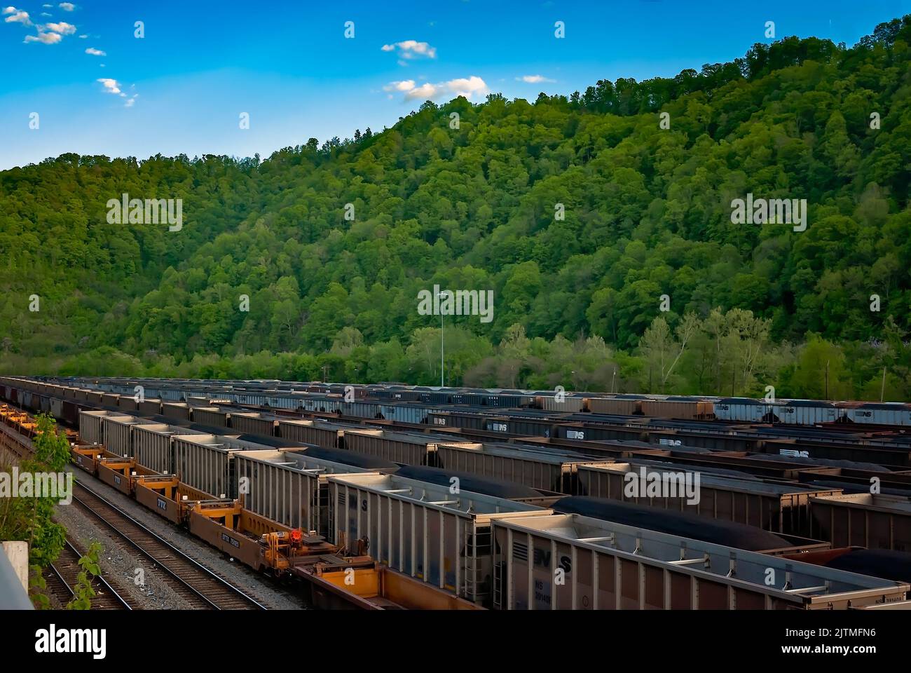 Die mit Kohle gefüllten Autos der Norfolk Southern Railway sind auf dem Williamson-Eisenbahnhof am 28. April 2010 in Williamson, West Virginia, abgebildet. Stockfoto