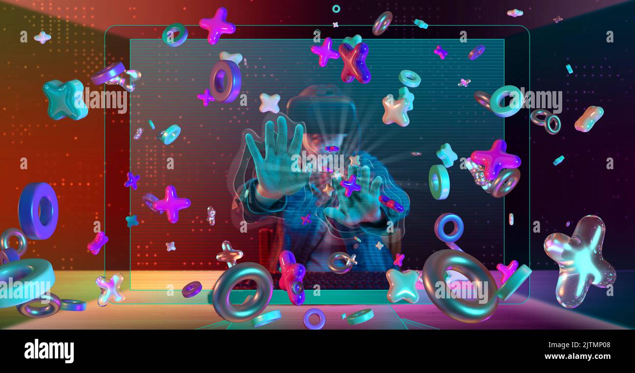 Frau mit Virtual-Reality-Brille sitzt an ihrem Schreibtisch und legt ihre Hände auf den Bildschirm, um mit 3-dimensionalen geometrischen Formen zu spielen, die in cybersp schweben Stockfoto