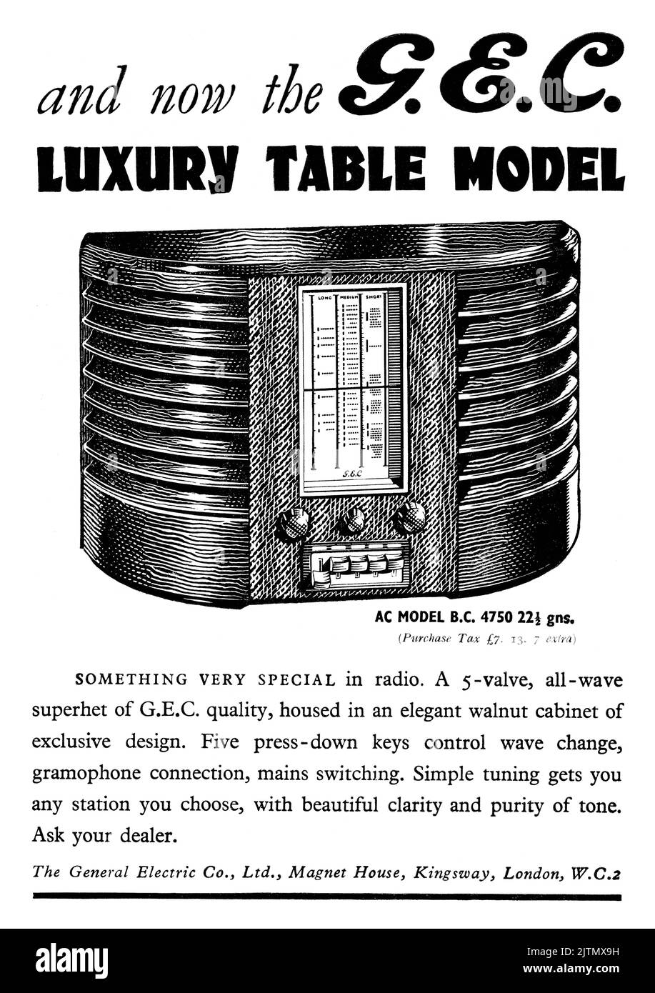 1948 Britische Werbung für das G.E.C. Tischfunkgerät B.C. 4750. Stockfoto