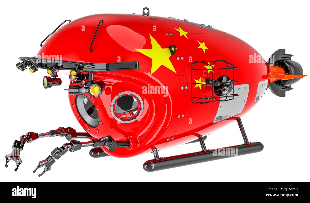 Bathyscaphe mit chinesischer Flagge. Meeresgeologie, Ozeanographie in China, 3D isoliert auf weißem Hintergrund Stockfoto