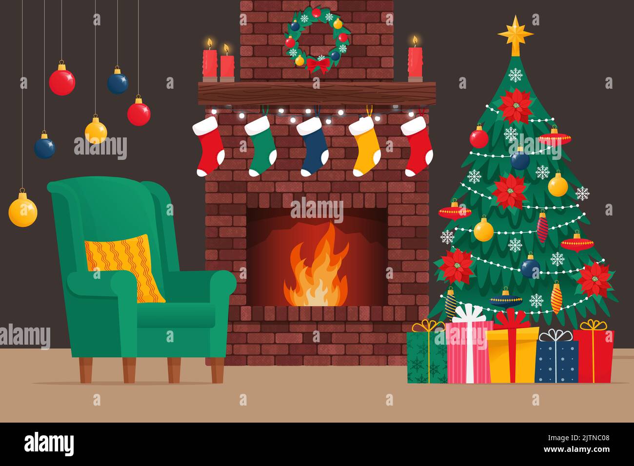 Klassischer Ziegelkamin mit Socken, weihnachtsbaum, Kerze, Kugeln, Geschenken und Kranz. Gemütliche Innenausstattung. Vektorgrafik im flachen Stil Stock Vektor