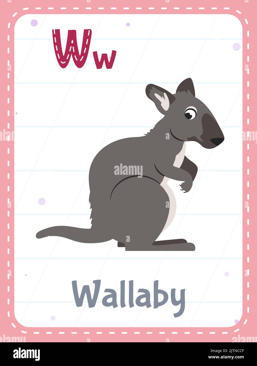 Alphabet bedruckbare Flashcard mit Buchstabe W. Cartoon niedlichen Wallaby Tier und englisches Wort auf Flash-Karte für Kinder Bildung. Schule Speicherkarte für Kindergarten Kinder flache Vektor-Illustration. Stock Vektor