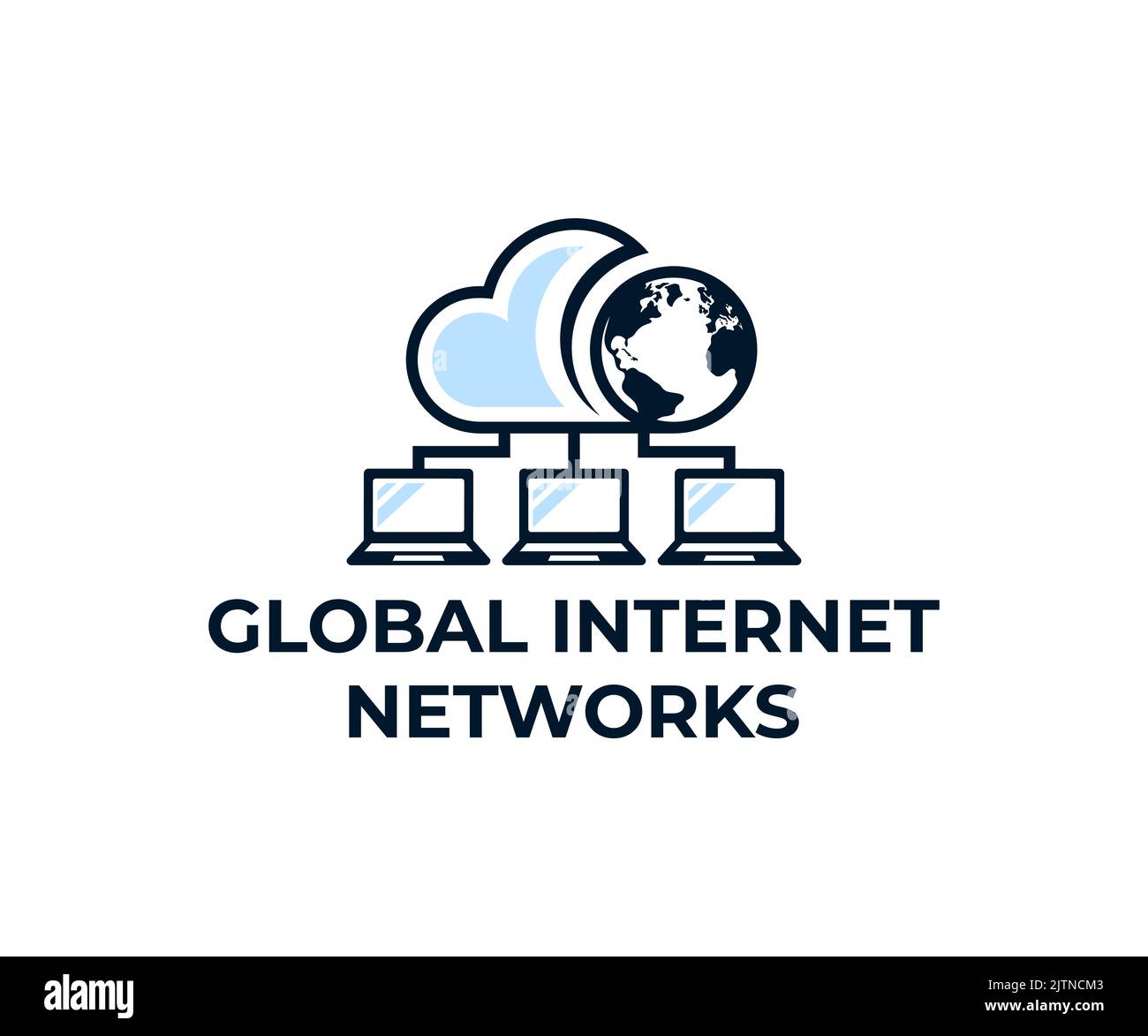Globale Internet-Netzwerke, Computer, Cloud-Server und Planet Erde, Logo-Design. Netzwerkanschluss, Kommunikationstechnik, Telekommunikation Stock Vektor