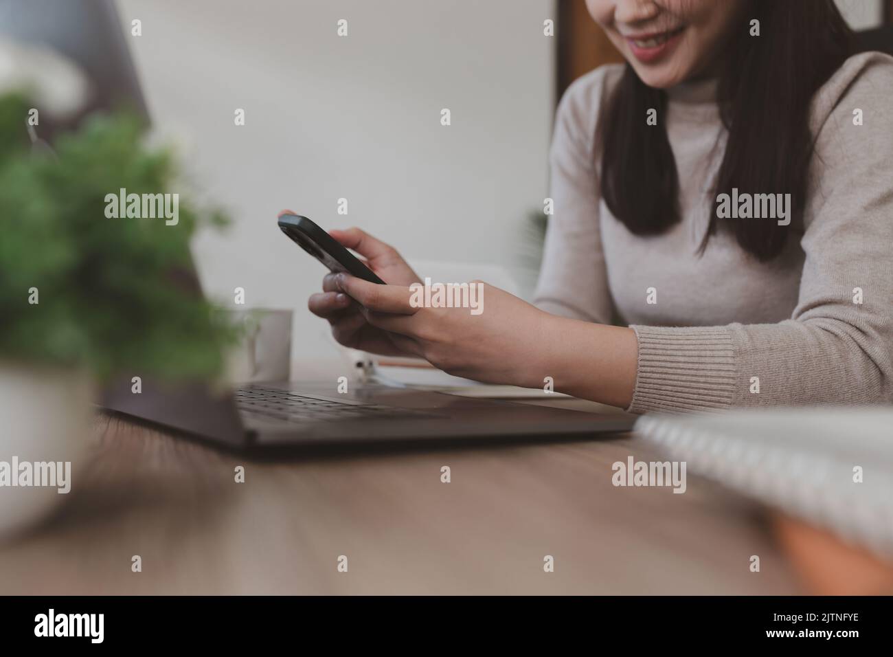 Woman vervollständigt KYC mithilfe einer Online-Banking-App, um ein digitales Sparkonto zu eröffnen. Die Definition von Cyber-Sicherheit Stockfoto