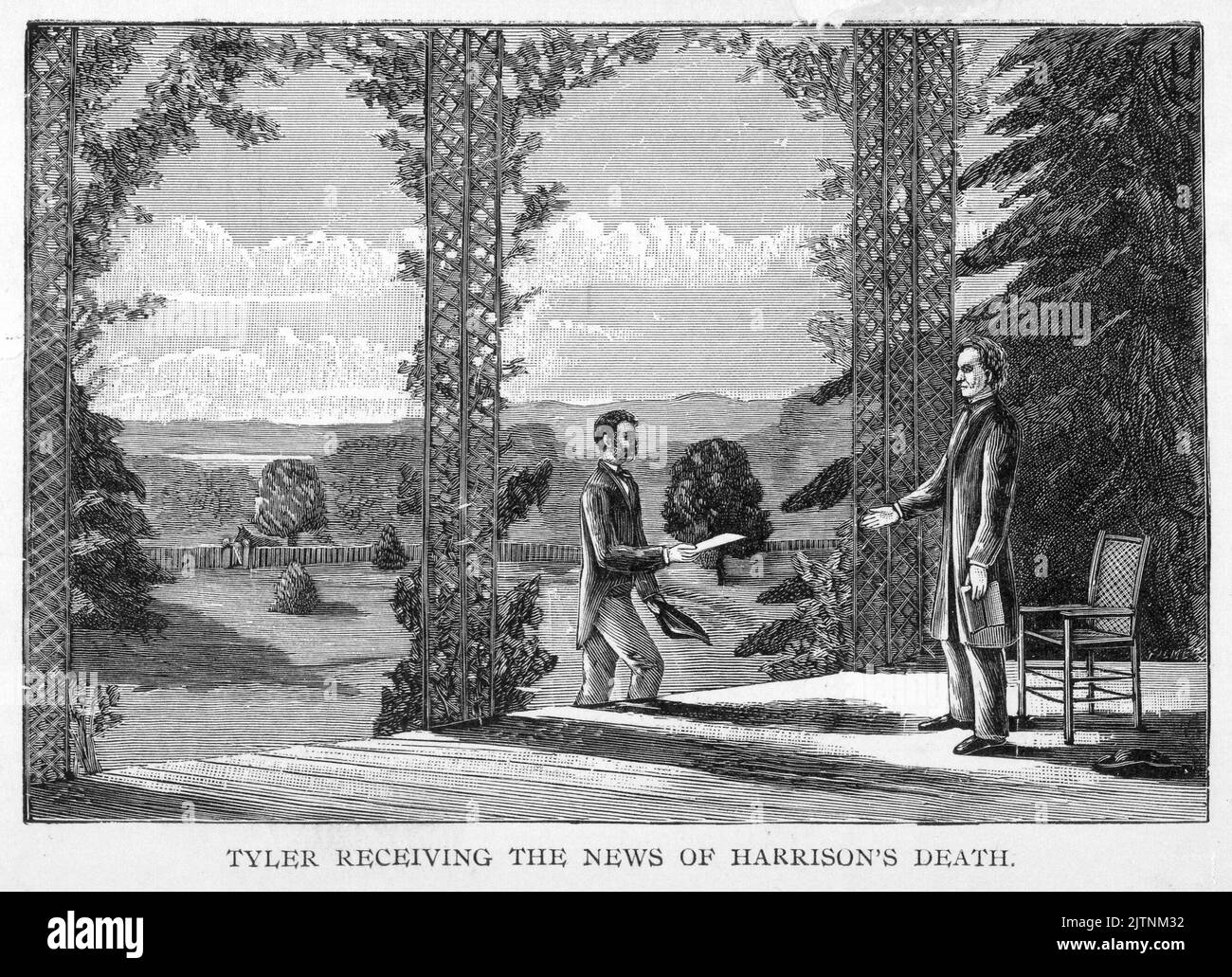 1888 Illustration von Präsident Tyler, der die Nachricht vom Tod von Präsident Harrisons vom Chefkaufmann des Außenministeriums Fletcher Webster erhielt Stockfoto