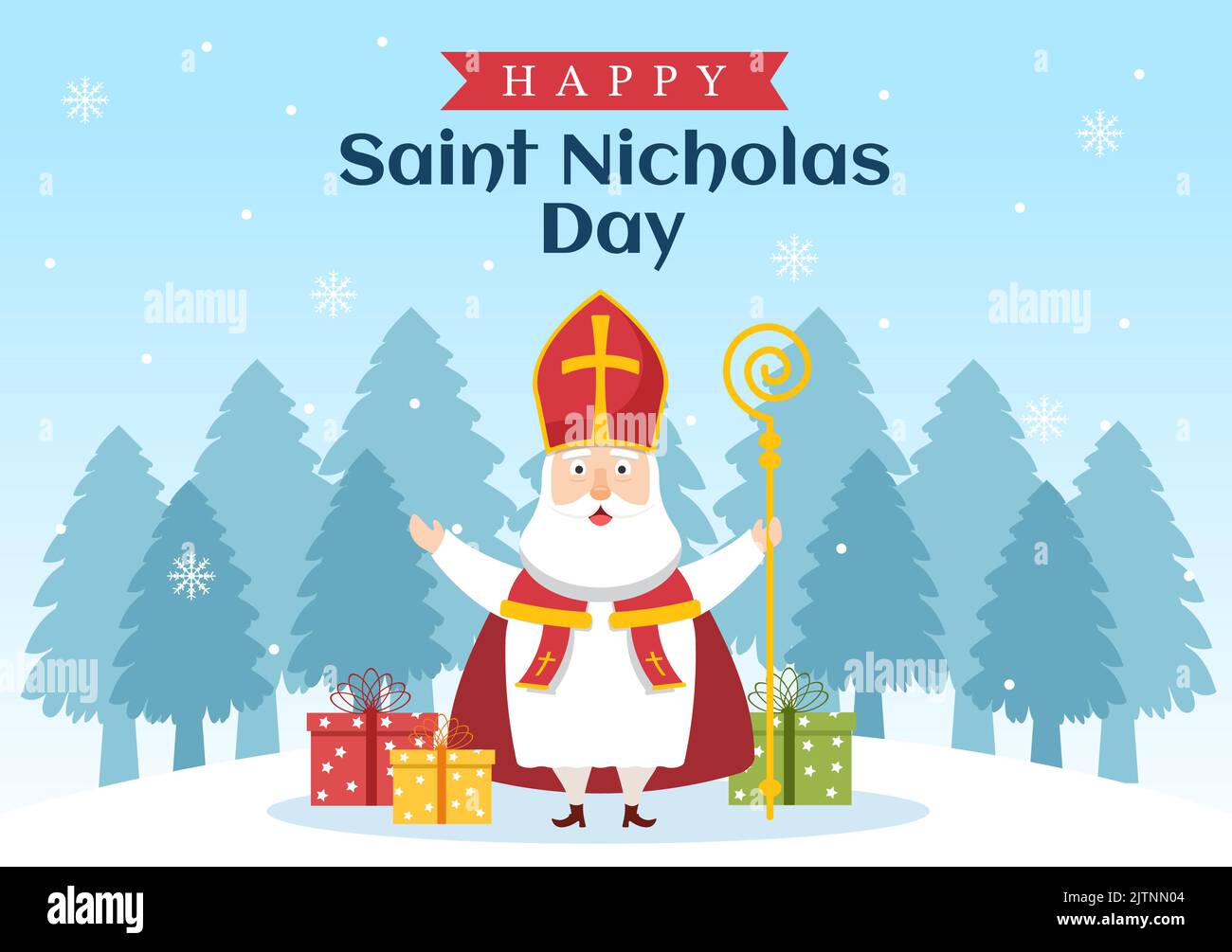 St. Nikolaus Tag oder Sinterklaas-Fest-Vorlage Handgezeichnete Cartoon flache Illustration mit Geschenkbox und Winter-Hintergrunddesign Stock Vektor