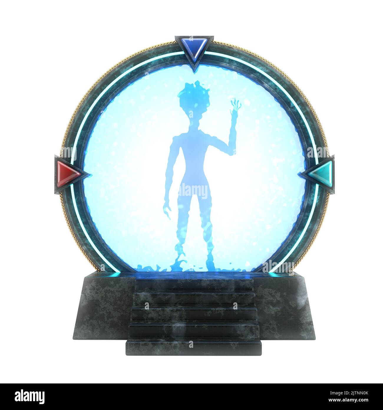 Alien Character Person Silhouette Zurück vom Stone Space Gate Portal zu einer anderen Welt und einem Universum auf weißem Hintergrund. 3D Rendering Stockfoto