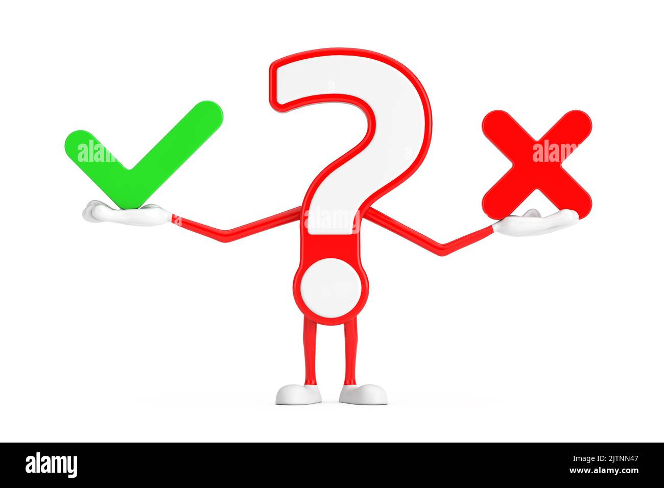 Fragezeichen Zeichen Cartoon Charakter Person Maskottchen mit rotem Kreuz und grünem Häkchen, bestätigen oder verweigern, Ja oder Nein Symbol Zeichen auf einem weißen Hintergrund. 3D Stockfoto