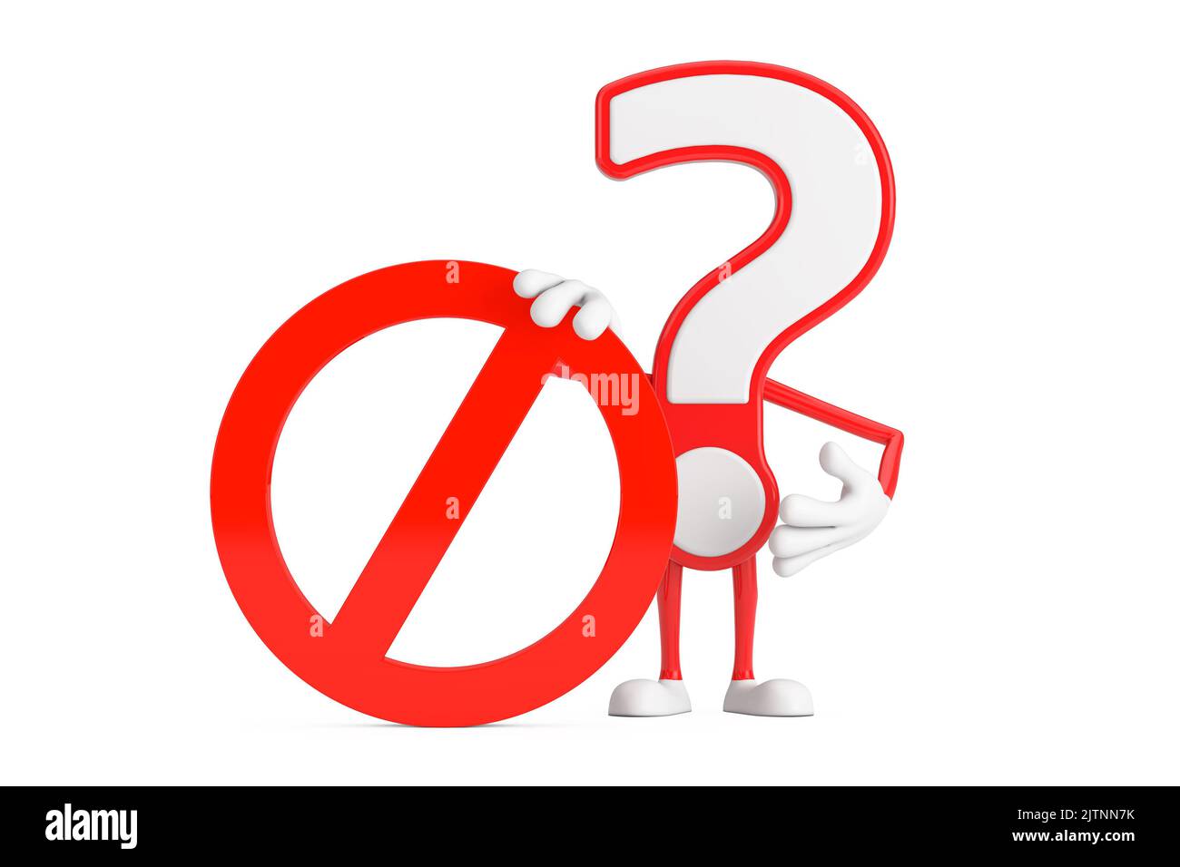 Fragezeichen Zeichen Cartoon Charakter Person Maskottchen mit rotem Verbot oder Verbotene Zeichen auf einem weißen Hintergrund. 3D Rendering Stockfoto