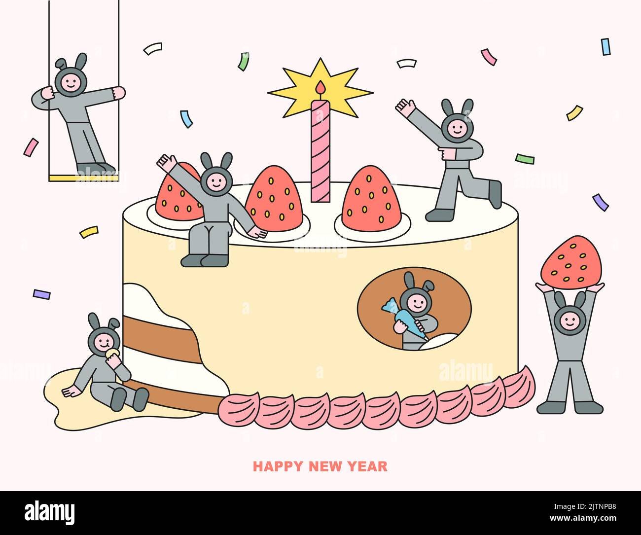 Schwarze Kaninchen, das Symbol von 2023, machen eine riesige Feier Kuchen. Flaches Design Stil Vektor-Illustration. Stockfoto