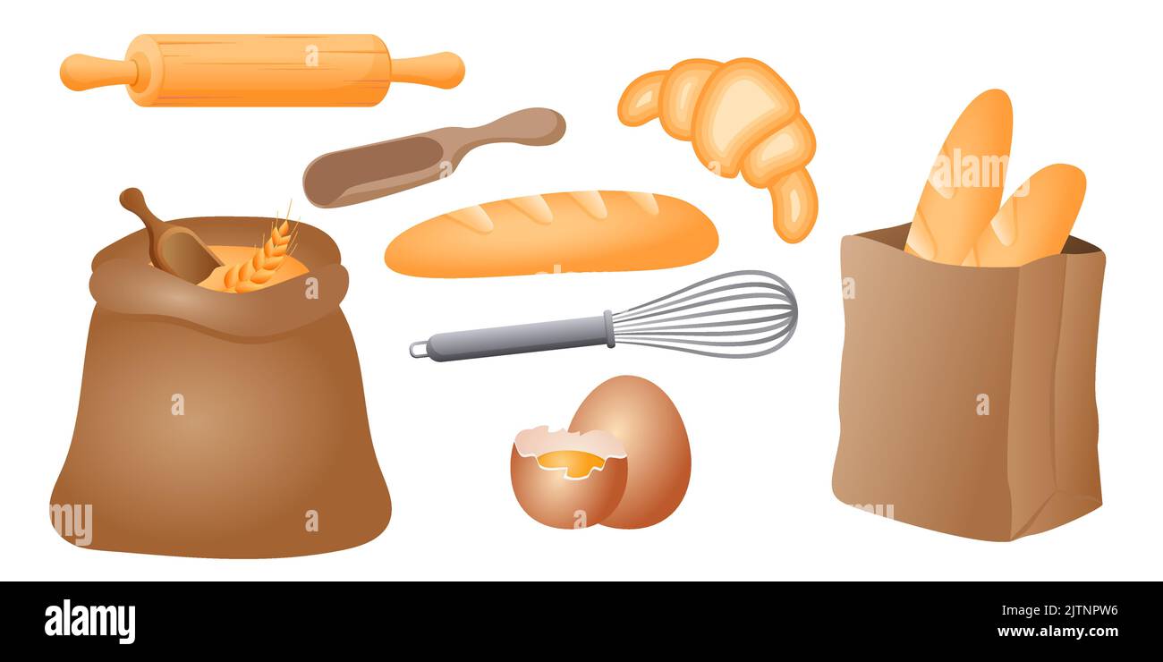 Sammlung Set von Weizenbrot Objekt Croissant Laib Stock hölzernen Nudelholz Eierquirl Stock Vektor