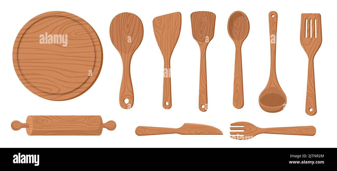 Sammlung Set aus Holz Küchengeschirr Platte Schneidebrett Gabel Reis Spatel Löffel Nudelholz Stock Vektor