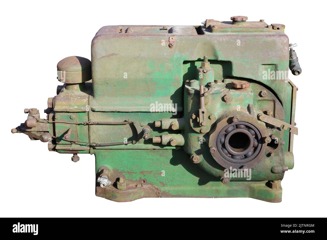 Vintage rostig grün disel Motor . Isoliert auf Weiß Stockfoto