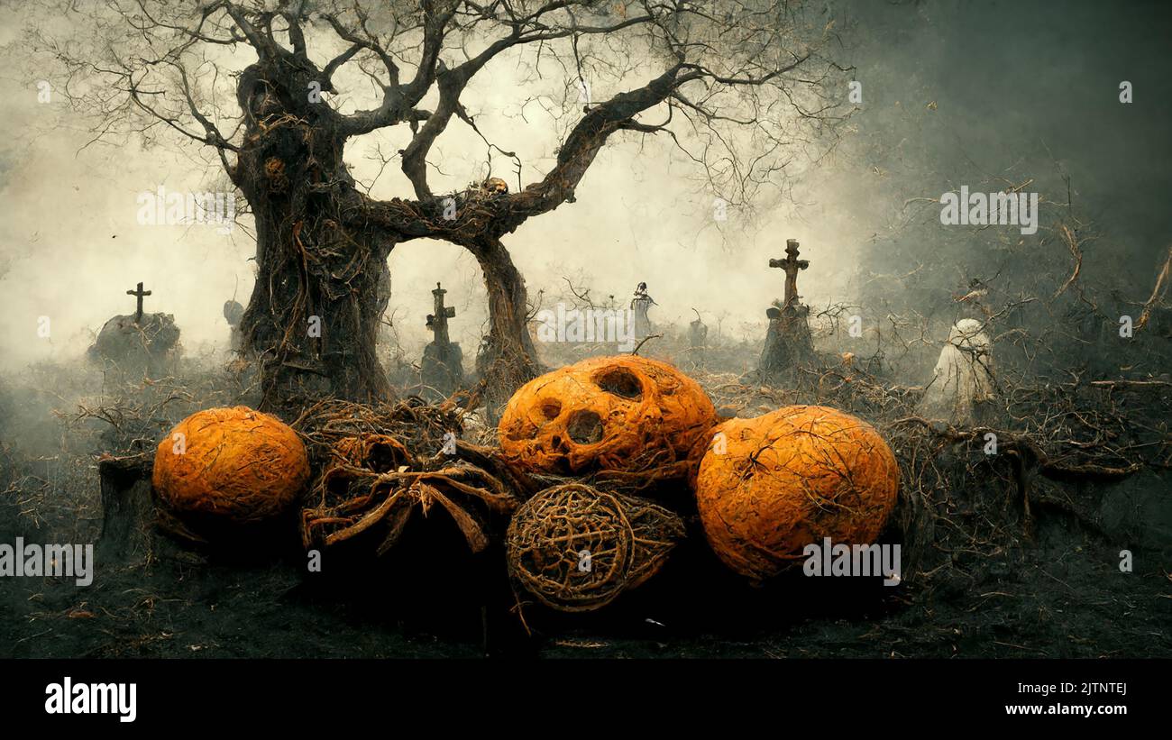 Halloween Hintergrund. Gruseliger Waldkürbis auf dem Friedhof. Stockfoto