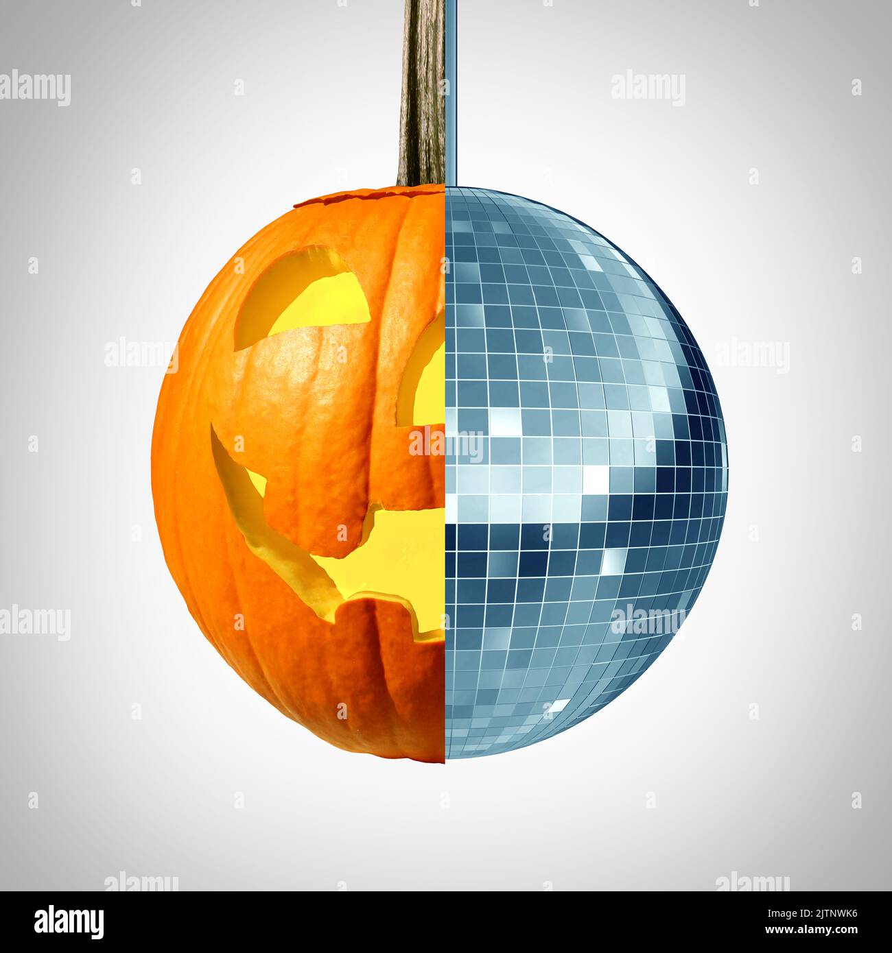 Halloween Party Symbol als Jack-O-Laterne und Disco Ball verschmolzen als Herbsttanz und Herbstfest, um Thanksgiving Saison zu feiern Stockfoto