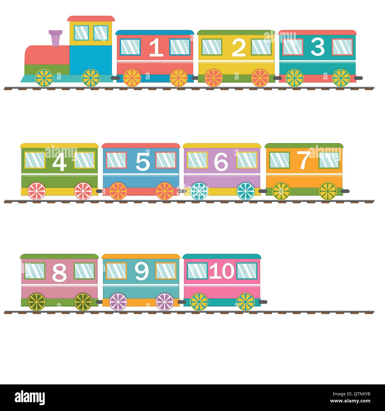 Holzzug mit Wagen und Zahlen, zurück zur Schule, Farbvektordarstellung in flachem Stil. Stock Vektor