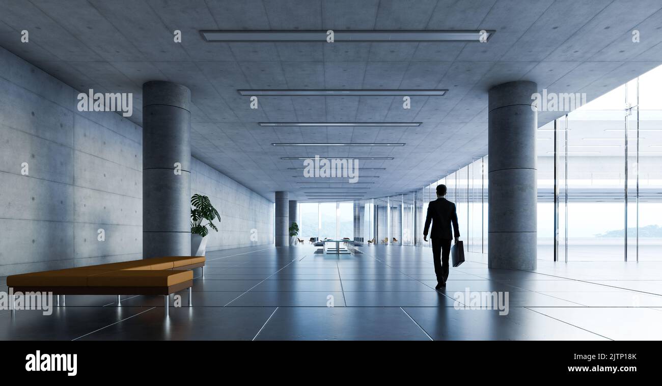 Geschäftsmann, der im Büroflur läuft, realistische 3D Rendering Stockfoto