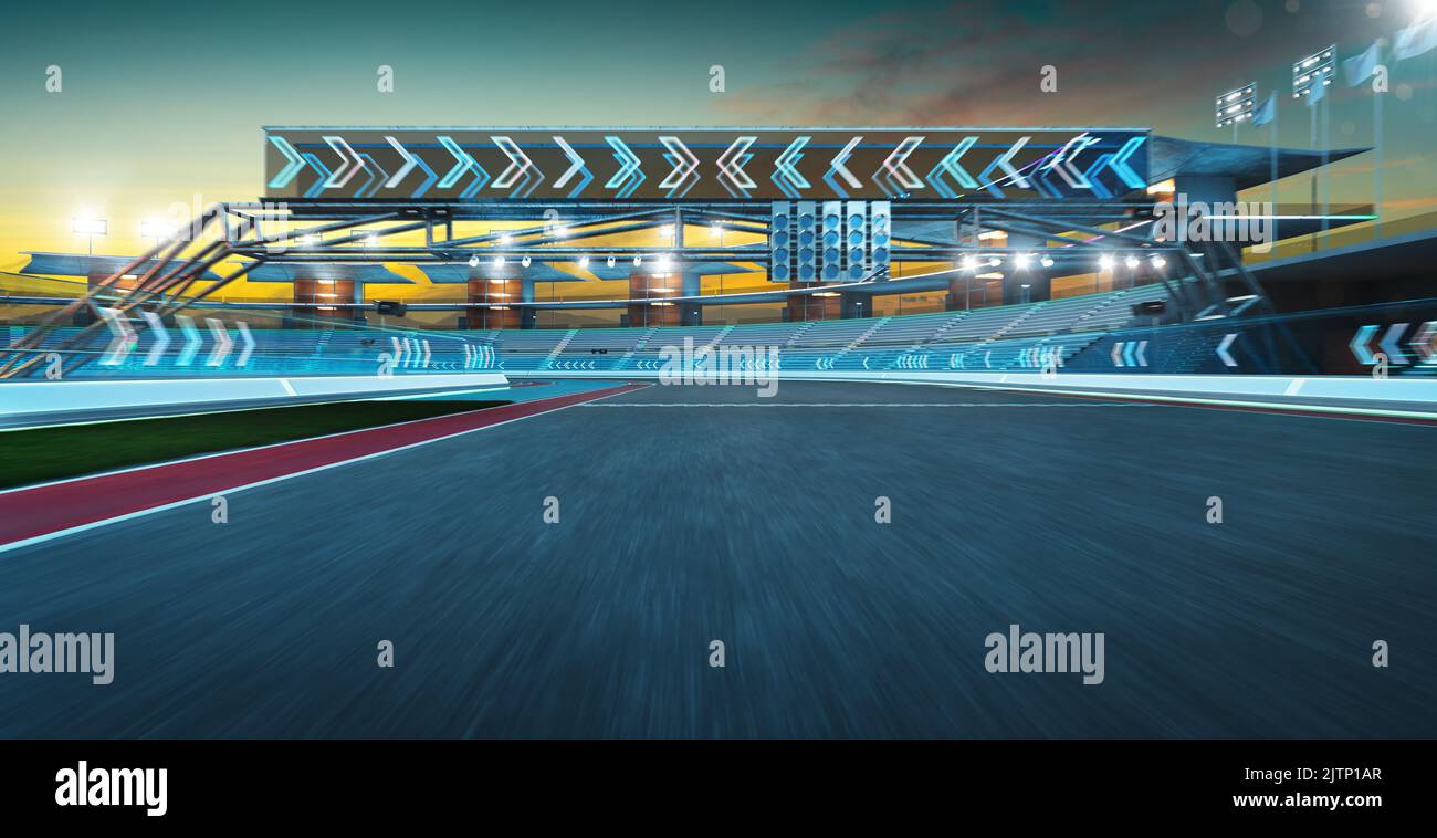 3D Rendering Racing Konzept der beweglichen Rennstrecke mit Glasgeländer und Neonlicht Dekoration Stockfoto