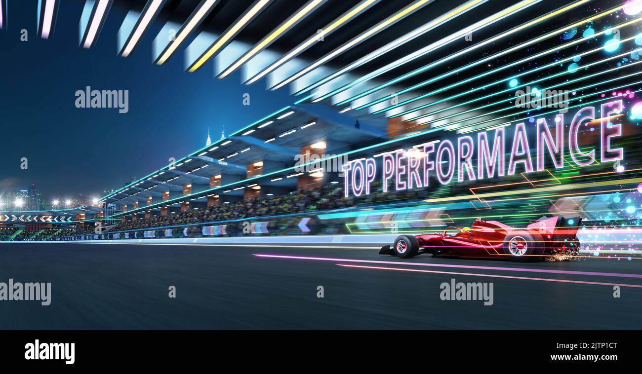 Sport-Rennwagen schnelles Fahren mit TOP-PERFORMANCE-Text, schnellste und beste Performance-Konzept. 3D Illustration und Rendering Stockfoto