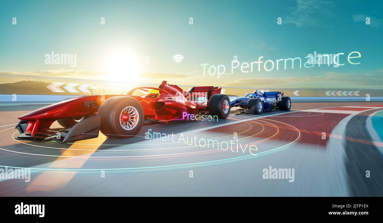 3D Rendering High Speed Smart Automotive und Top Performance Driving Concept. Stockfoto