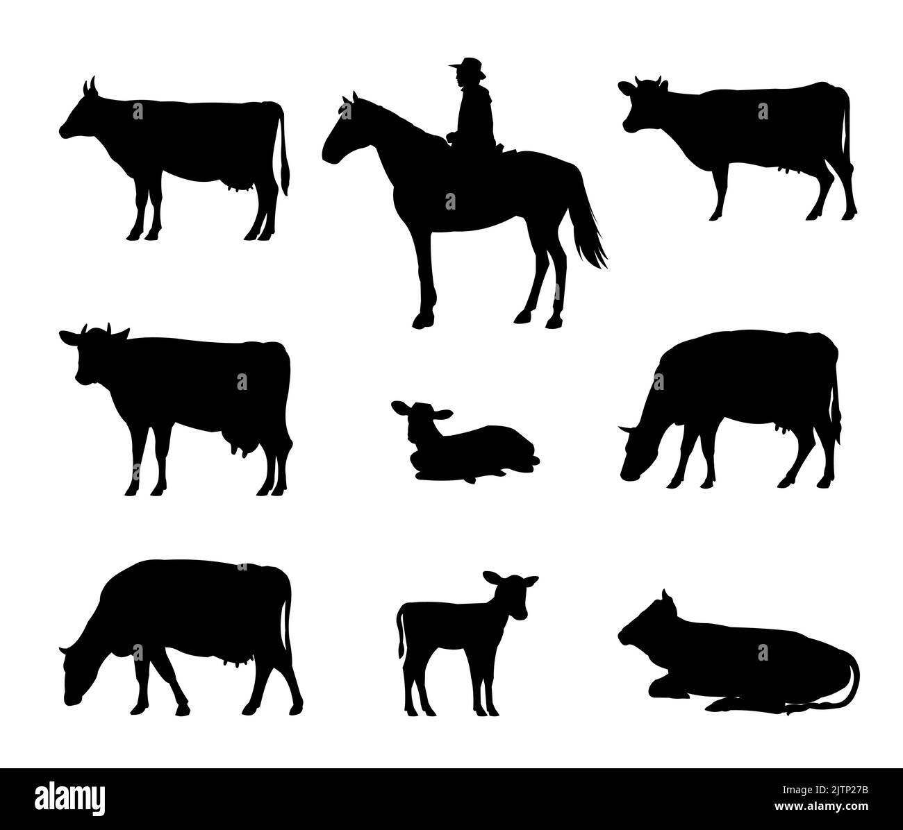 Set von Schäferhund grast Kühe auf der Weide. Bildsilhouette. Haustiere auf dem Bauernhof. Tiere für Milch und Milchprodukte. Isoliert auf weißem Hintergrund. Vektor. Stock Vektor