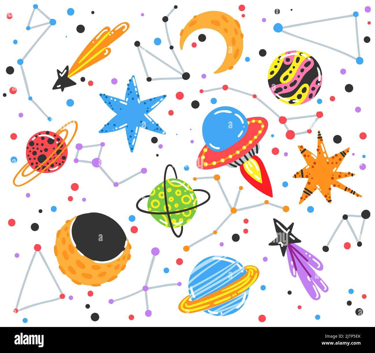Bunte Raumsammlung mit Planeten, Kometen, Sternbildern, ufo und Sternen. Nachthimmel handgezeichneter Doodle astronomischer Hintergrund. Vektorgrafiken Stock Vektor