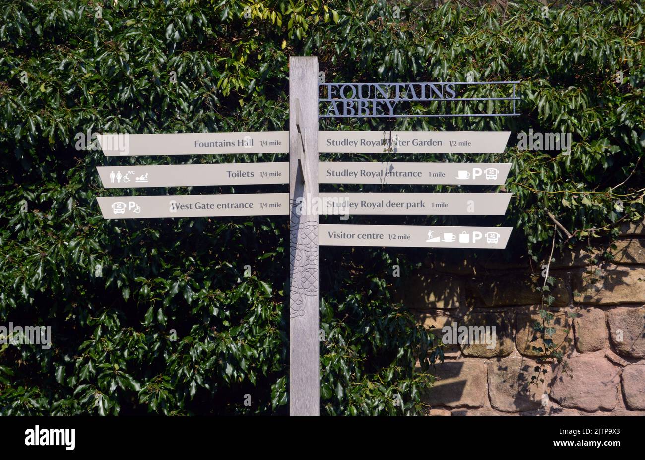 Hölzerner Wegweiser auf dem Gelände der Ruinen des Fountains Abbey Zisterzienserklosters, North Yorkshire, England, Großbritannien. Stockfoto