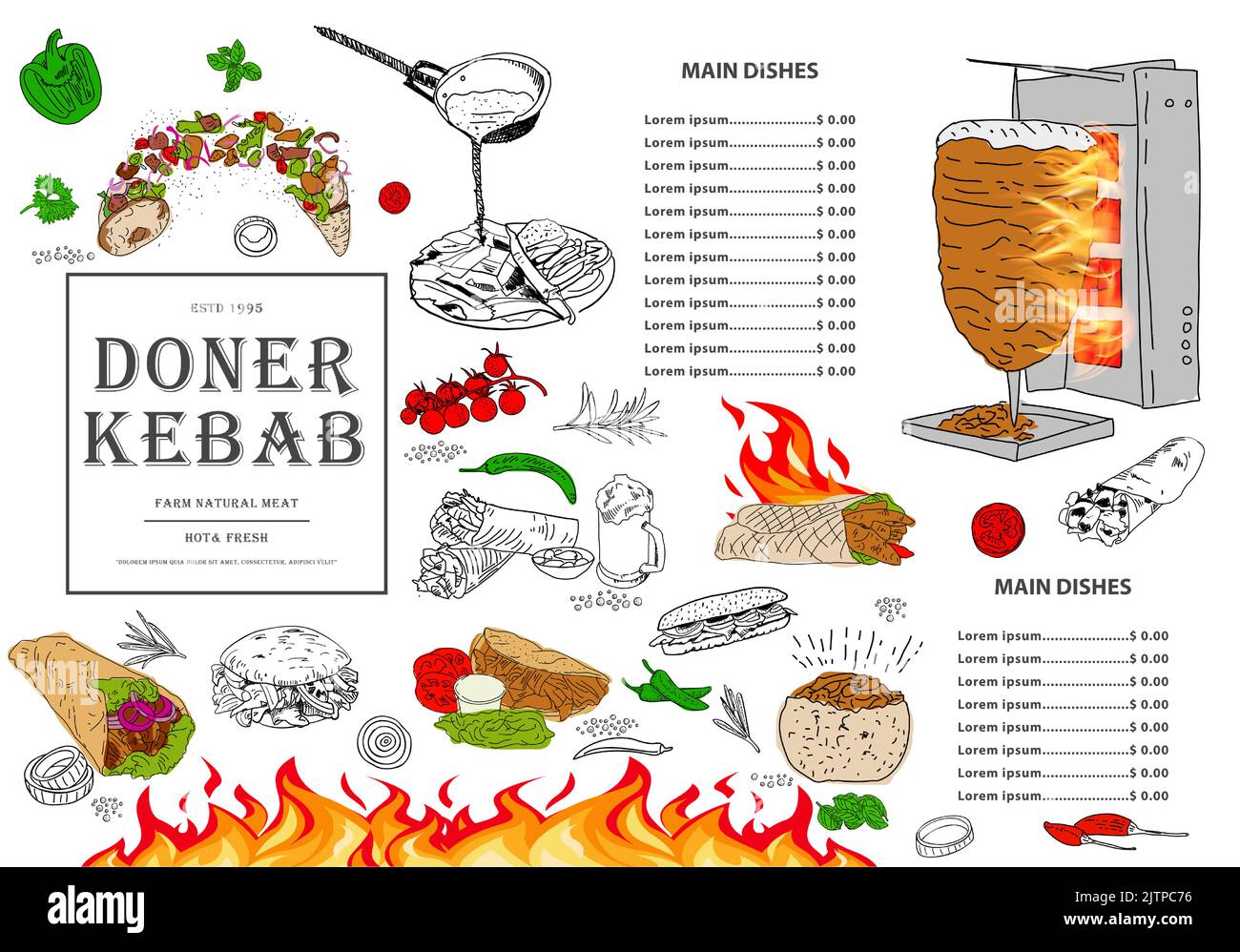 Handgezeichnete Vektorgrafik. Shawarma Kochen und Zutaten für Kebab. Döner Kebab von Hand gezeichnet. Designelemente für Fast Food-Menüs. Restaurant Cafe Me Stock Vektor