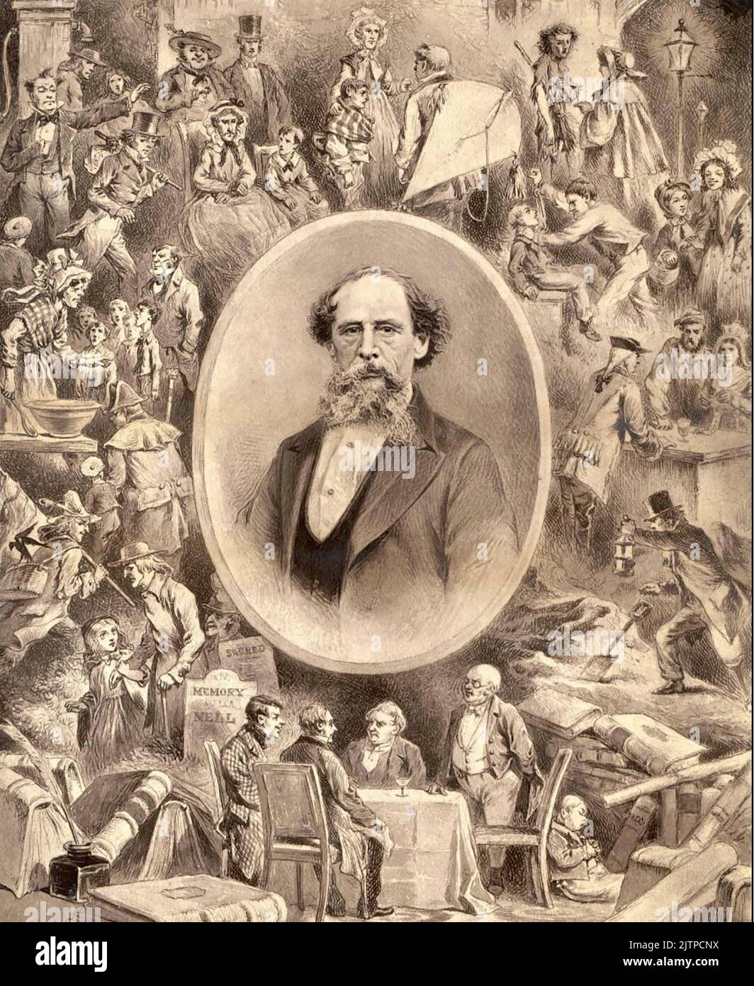 CHARLES DICKENS (1812-1870) englischer Schriftsteller mit einigen seiner zahlreichen Kreationen Stockfoto