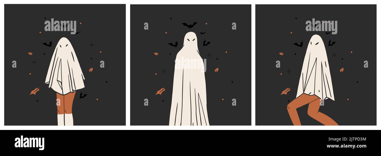 Handgezeichnete abstrakte Vektor Grafik Cliparts Illustration, Halloween Urlaub Kostüm Party Erwachsene Menschen Charaktere Sammlung Karte Vorlage set.Creepy Stock Vektor