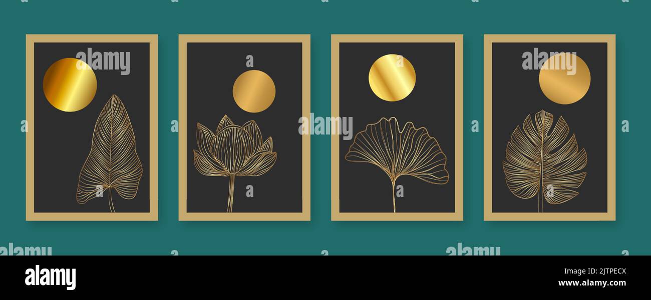 Botanische und goldene Linie Minimale und natürliche Wandvektor-Set. Boho Laub Linie Kunst Zeichnung mit abstrakter Form. Cover, Tapete, abstrakte Pflanzenkunst Stock Vektor