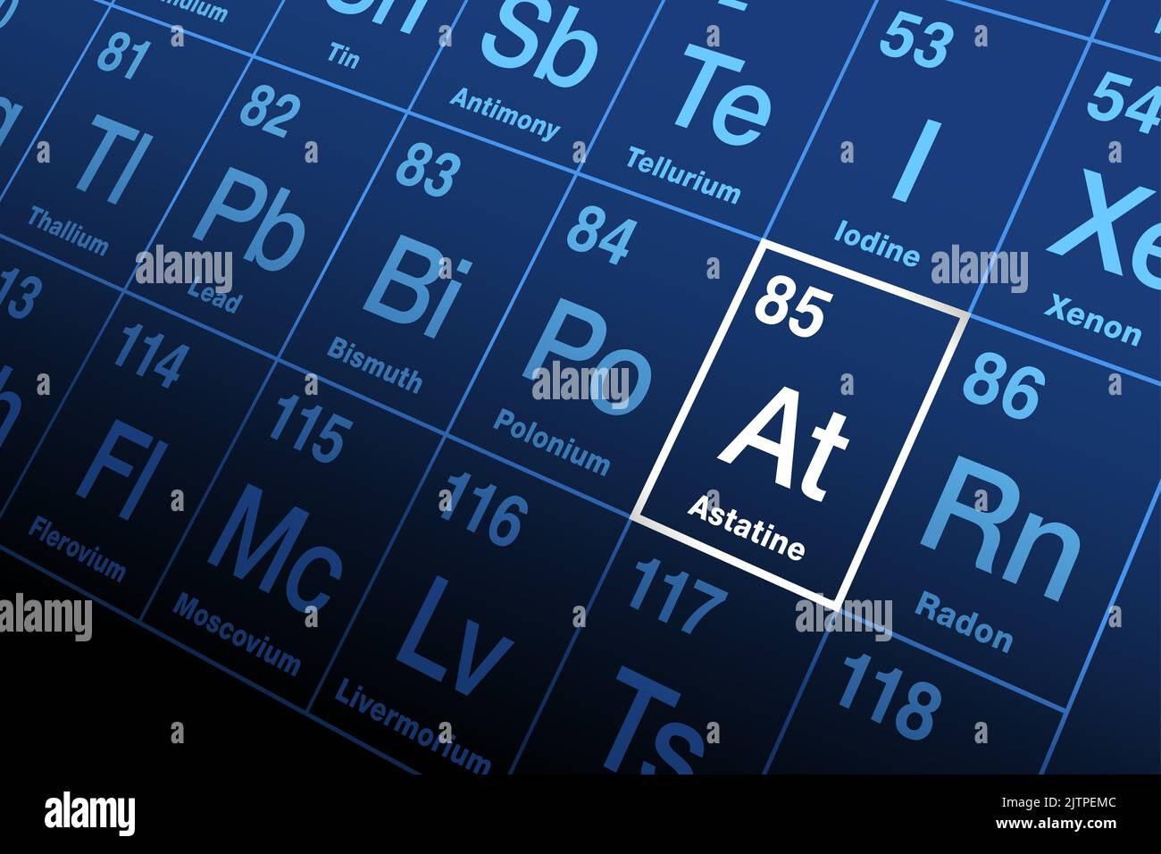 Astatin im Periodensystem. Extrem radioaktives chemisches Element mit dem Symbol AT, benannt nach griechischen Astatos, was Unstable bedeutet, mit der Ordnungszahl 85. Stockfoto