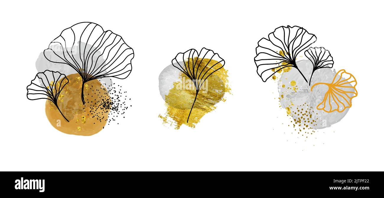 Botanische Wandkunst. Luxuriöser Art déco-Stil mit Blumenmuster. Natürliches Musterdesign. Moderne Malerei abstrakte Kreis Aquarell Formen mit schwarzen Blättern, moderne Acrylfarbe Stock Vektor
