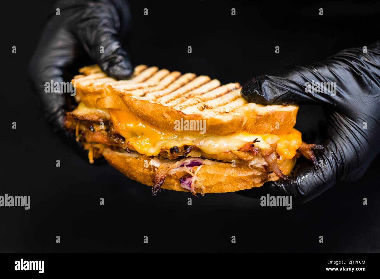 Grill Restaurant Menü zog Schweinefleisch Sandwich Käse Stockfoto