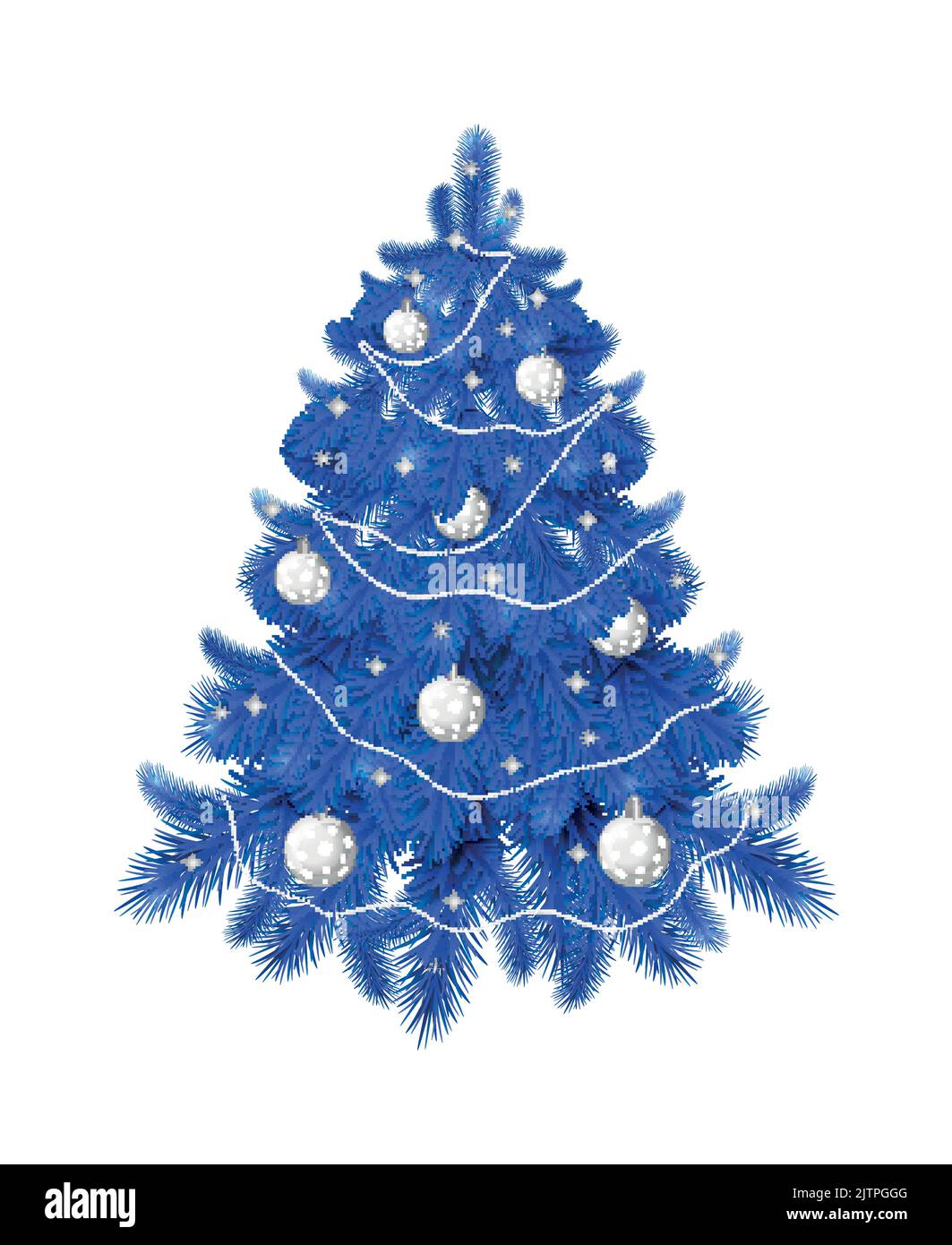 Blauer Weihnachtsbaum isoliert auf weißem Hintergrund. Perfekt für Grußkarten, Urlaubsgestaltung. Blauer Weihnachtsbaum mit silbernen Kugeln und Girlande. Stock Vektor