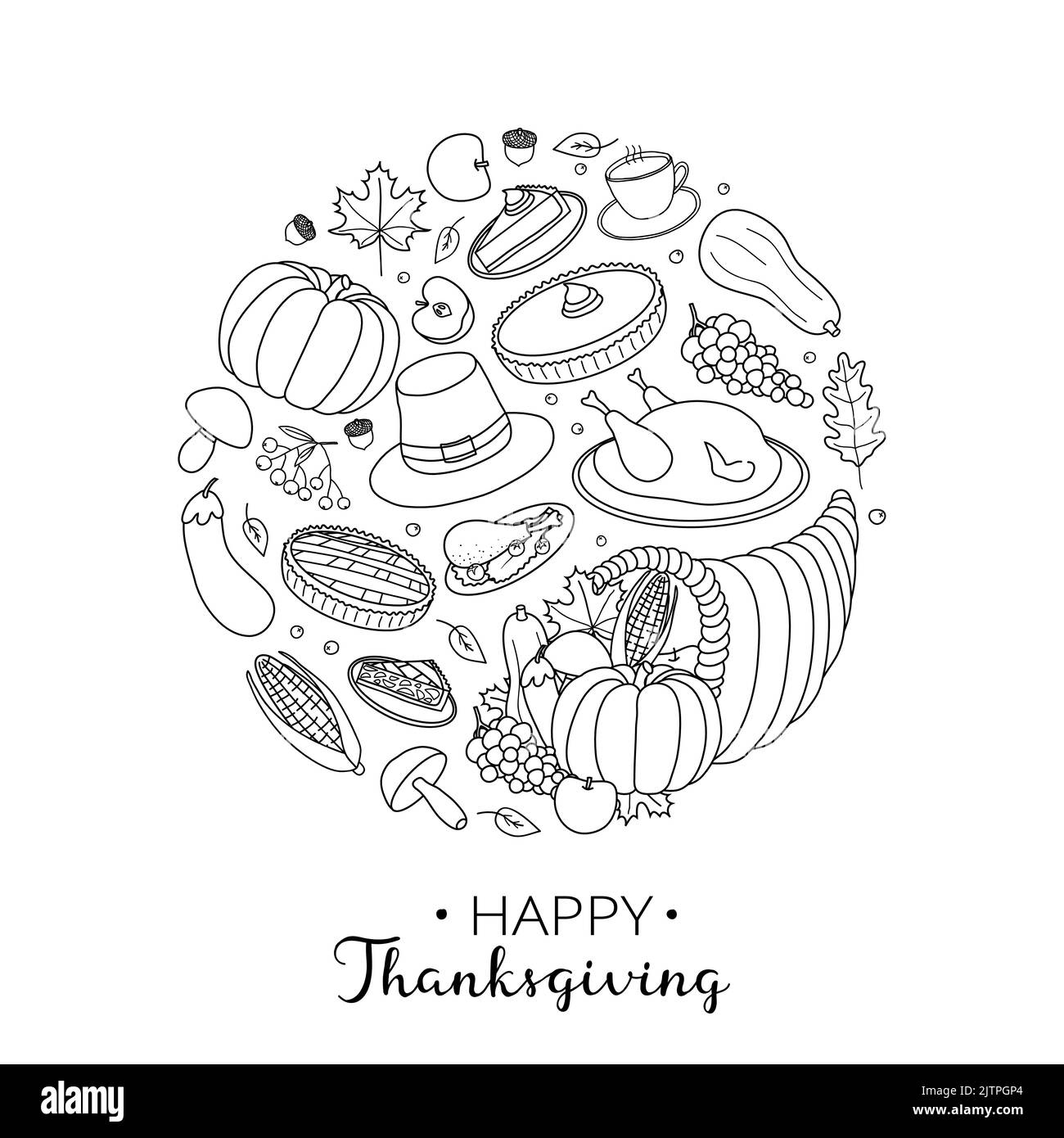 Handgezeichnete Umrisse für die Thanksgiving-Feier in Kreisform mit Schriftzug. Stock Vektor